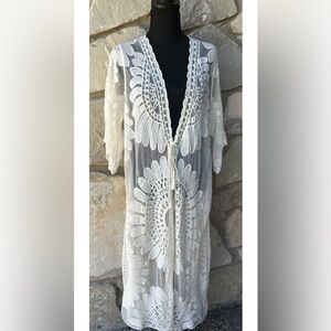 Dasayo Lace Kimono Cardigan Duster OS One Size Ivory Embroidered Boho Excellent